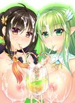  ara_han black_hair breasts brown_eyes choker cum cum_on_body cum_on_breasts cum_on_upper_body cup drinking_glass drinking_straw elsword facial grand_archer_(elsword) green_background green_eyes green_hair hair_ornament huge_breasts long_hair looking_at_viewer mouth_hold multiple_girls nipples pointy_ears rena_(elsword) short_hair smile tassel topless tsukimi_kirara upper_body yama_raja_(elsword) 