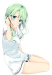  bangs bare_legs blue_eyes dress green_hair hair_bobbles hair_ornament hair_tucking long_hair looking_at_viewer original shiina_kuro short_sleeves simple_background sitting solo twintails white_background yokozuwari 