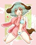  2016 animal_ears animal_hood bare_shoulders barefoot blush bow bow_bra bow_panties bra breasts bunny_hood collarbone dated dog_ears dog_tail eyelashes finger_to_mouth fingernails green_bra green_eyes green_hair green_panties groin heart hood hood_down hoodie kasodani_kyouko kneeling long_fingernails looking_at_viewer midriff navel off_shoulder open_clothes open_hoodie panties short_hair shushing small_breasts solo spoken_heart stomach tail thighs tikano touhou underwear 