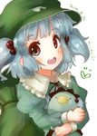  2016 artist_name backpack bad_id bad_twitter_id bag bangs beak black_ribbon blue_eyes blue_hair blunt_bangs dated eyebrows eyebrows_visible_through_hair frilled_shirt_collar frills hair_bobbles hair_ornament hat heart holding juliet_sleeves kappa kawashiro_nitori long_sleeves looking_at_viewer open_mouth puffy_sleeves ribbon round_teeth shirt short_hair signature simple_background smile solo teeth tikano touhou two_side_up upper_body white_background 