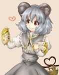  :3 animal_ears basket buttons capelet cheetos closed_mouth eyebrows eyebrows_visible_through_hair frilled_capelet frills grey_hair grey_skirt hair_between_eyes heart heart_tail holding juliet_sleeves long_sleeves mouse mouse_ears mouse_tail nazrin puffy_sleeves red_eyes shirt short_hair simple_background skirt skirt_set solo tail tikano touhou upper_body 