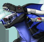 2016 ambiguous_gender anthro black_eyes blue_scales blue_tongue bus cultmastersleet dragon drooling english_text fin horn nude outside red_sclera saliva scales scalie sharp_teeth signature slit_pupils solo teeth text vore white_horn 