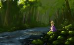  blonde_hair forest grass hair_ribbon hat kitano_(kitanosnowwhite) long_hair long_sleeves moriya_suwako moss nature outdoors plant ribbon river scenery skirt skirt_set smile solo squatting touhou tree water white_legwear wide_sleeves yellow_eyes 