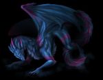  ambiguous_gender black_background blue_fur claws digital_media_(artwork) dragon fur furred_dragon horn isvoc membranous_wings nude purple_fur simple_background smile solo spread_wings standing wings yellow_eyes 