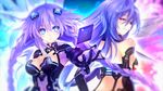  back-to-back bad_id bad_yandere_id bare_shoulders blue_eyes blue_hair braid breasts cleavage cleavage_cutout elbow_gloves gloves hair_between_eyes hair_ornament highres iris_heart kami_jigen_game_neptune_v leotard long_hair looking_at_viewer medium_breasts multiple_girls neptune_(series) official_art power_symbol purple_hair purple_heart red_eyes shiny shiny_skin smile symbol-shaped_pupils tsunako twin_braids upper_body very_long_hair 