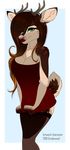  2016 anthro antlers black_nose breasts cervine clothed clothing deer ear_piercing eyebrows eyelashes female gradiewoof green_eyes horn mammal piercing simple_background smile solo standing white_background 