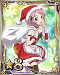  black_legwear card_(medium) collar collarbone dress hair_ornament hat index_finger_raised lisbeth looking_at_viewer number official_art open_mouth pink_eyes pink_hair red_dress red_hat sack santa_costume santa_hat short_hair solo star strapless strapless_dress sword_art_online sword_art_online:_code_register thigh_strap thighhighs wrist_cuffs 