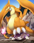  2016 ambiguous_gender belly blush brown_eyes buckteeth claws crush domination duo feral fire flaming_tail foot_focus green_eyes hi_res mammal mega_charizard mega_charizard_y mega_evolution membranous_wings nintendo one_eye_closed pok&eacute;mon rattata rock rodent size_difference sky smile tartii teeth toe_claws underfoot video_games wings 