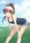  :d absurdres bangs bare_arms bare_legs bare_shoulders bent_over blue_shorts blue_sky blunt_bangs blurry blurry_background blush breasts brown_hair cleavage cloud collarbone day downblouse eyebrows eyebrows_visible_through_hair fukahire_(ruinon) gym_shorts hands_on_own_knees hanging_breasts highres legs_apart looking_at_viewer meadow medium_breasts open_mouth original outdoors ponytail red_eyes scan short_shorts shorts sky sleeveless smile solo standing sweat tank_top tareme translation_request visor_cap 