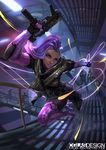  4boys belt bullet catwalk cglas dark_skin elbow_pads gloves gun indoors lipstick makeup multiple_boys overwatch ponytail purple_gloves purple_hair purple_legwear running solo_focus sombra_(overwatch) utility_belt watermark weapon web_address 