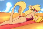  2016 anthro beach blonde_hair butt callie_briggs cat clothed clothing eyewear feline female glasses green_eyes hair looking_back mammal outside pepipopo raised_eyebrow seaside smile solo swat_kats swimsuit wet 