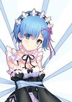  aaeru black_ribbon blue_eyes blue_hair breasts cleavage detached_sleeves eyes_visible_through_hair hair_ribbon head_tilt highres lace-trimmed_sleeves looking_at_viewer maid medium_breasts pink_ribbon re:zero_kara_hajimeru_isekai_seikatsu rem_(re:zero) ribbon short_hair smile solo 