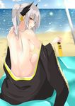  akatsuki_(kongo-love-2400) beach beach_towel blush breasts day fate/grand_order fate_(series) horns kiyohime_(fate/grand_order) kiyohime_(swimsuit_lancer)_(fate) large_breasts long_hair looking_at_viewer looking_back lotion_bottle nude ocean red_eyes sideboob silver_hair sitting solo towel 