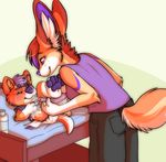  anthro baby_powder canine changing_table child cub diaper dog embarrassed female fennec fink fox fur hair husky kalida male mammal mother orange_fur parent pawpads purple_hair purple_nose red_eyes simple_background young 