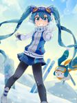  &gt;_&lt; 2016 aqua_eyes aqua_hair artist_name bunny closed_eyes dutch_angle gloves goggles goggles_on_head grin hago hat hatsune_miku highres long_hair md5_mismatch pantyhose scarf skirt skis smile snow snowboard twintails very_long_hair vocaloid yuki_ga_tokeru_mae_ni_(vocaloid) yuki_miku yukine_(vocaloid) 