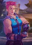  1girl female green_eyes munbbi muscle overwatch pink_hair short_hair solo zarya_(overwatch) 