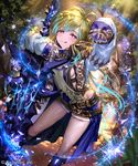  arm_up belt blush breasts cygames dutch_angle elf green_hair hand_up irua leaning_forward long_hair looking_at_viewer magic pointy_ears purple_eyes shingeki_no_bahamut shiny shiny_hair short_shorts shorts sideboob sleeves_past_wrists small_breasts smile snowflakes solo tongue tongue_out 