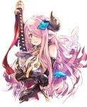  between_breasts blue_eyes blush braid breasts draph gloves granblue_fantasy hair_ornament hair_over_one_eye haku_(sabosoda) holding holding_weapon horns large_breasts lavender_hair long_hair looking_to_the_side narmaya_(granblue_fantasy) open_mouth pointy_ears simple_background smile solo sword upper_body weapon white_background 