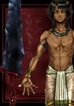  ancient_egypt artist_request black_hair dark_skin egyptian hieroglyphics male_focus original solo sword topless weapon 