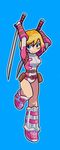  absurdres awabuta belt blonde_hair blue_background blue_eyes boots dual_wielding full_body gwen_poole gwenpool highres holding katana leotard marvel multicolored_hair pink_hair pink_leotard pouch smile solo superhero sword two-tone_hair weapon 
