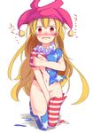  1girl >:( american_flag_dress american_flag_legwear blonde_hair blush clownpiece commentary_request covering_breasts covering_crotch covering_privates cuts dress embarrassed flat_chest frilled_shirt_collar frills frown furorina hair_between_eyes hat highres injury jester_cap kneeling long_hair looking_at_viewer navel no_panties nose_blush parted_lips polka_dot print_thighhighs red_eyes shirt short_sleeves solo star_(symbol) star_print stomach striped tears thighhighs torn_clothes torn_dress torn_thighhighs touhou v-shaped_eyebrows very_long_hair white_background 