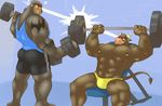  2014 abs anthro ape barbell biceps black_fur bovine brown_fur brown_nipples brown_tail buck_(evane) bulge cattle clothed clothing dax_(evane) digital_media_(artwork) dumbbell duo evane exercise eye_contact eyebrows fur glare gold_(metal) gorilla gym happyending holding_object horn horn_ring male mammal muscular muscular_male nipple_piercing nipples pecs piercing primate shirt shorts sitting smile smirk speedo standing stare swimsuit tail_tuft tank_top tattoo teeth topless tuft weight_bench weightlifting weights white_horn workout 