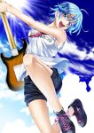  absurdres akitsuki_fuuka bad_source bare_arms bare_legs bare_shoulders blue_eyes blue_hair blue_sky breasts cloud day fuuka guitar highres instrument jumping leg_lift leg_up looking_at_viewer medium_breasts open_mouth outdoors seo_kouji shirt shoelaces shoes short_hair shorts sky sleeveless sleeveless_shirt smile sneakers solo_focus teeth 