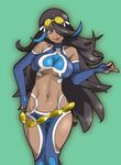  black_hair blue_eyes blue_hair breasts cowboy_shot dark_skin goggles goggles_on_head green_background hair_over_one_eye izumi_(pokemon) large_breasts lipstick long_hair makeup midriff multicolored_hair navel pokemon pokemon_(game) pokemon_oras smile solo team_aqua two-tone_hair underboob zaitsu 