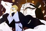  absurdres animal black_hair blonde_hair brown_eyes highres long_hair madara_(natsume_yuujinchou) male_focus matoba_seiji multiple_boys natsume_takashi natsume_yuujinchou scan short_hair umbrella 