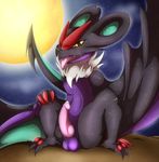  2016 absurd_res balls bat claws digital_media_(artwork) erection front_view glans hi_res hybrid_penis knot looking_at_viewer luxuria male mammal membranous_wings moon multicolored_body night nintendo noivern open_mouth outside penis pok&eacute;mon precum semi-anthro sitting sky spread_legs spreading star tongue tongue_out video_games winged_arms wings yellow_eyes 