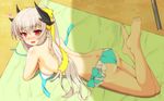  ass beach beach_towel bikini bikini_top_removed blue_bikini blush breasts day fate/grand_order fate_(series) feet_up hair_ribbon heart highres horns kiyohime_(fate/grand_order) kiyohime_(swimsuit_lancer)_(fate) long_hair looking_at_viewer looking_back lying medium_breasts on_stomach open_mouth ouka753 ponytail red_eyes ribbon sideboob silver_hair solo swimsuit towel 