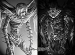  1girl belt claws copyright_name death_note earrings greyscale grin highres hunched_over jewelry monochrome one_eye_covered rem_(death_note) ryuk sharp_teeth shinigami smile spikes su_jiayi teeth 