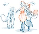  apron blush canine chest_tuft clothing crossgender dog dress embarrassed evals feline female fox hair kathrin_(twokinds) keidran laugh male mammal mike_(twokinds) text tom_fischbach tuft twokinds 