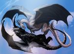  black_skin blue_scales claws day digital_media_(artwork) dragon duo eyes_closed feral flying grey_scales horn isvoc membranous_wings nude outside ridged_horn scales smile spread_wings white_skin wings 