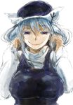  blue_eyes breasts hat large_breasts letty_whiterock polearm short_hair silver_hair smile solo touhou trident upper_body weapon yohane 