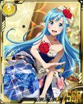  asuna_(sao) asuna_(sao-alo) blue_eyes blue_hair breasts card_(medium) cleavage collarbone dress flower hair_flower hair_ornament jewelry long_hair looking_at_viewer medium_breasts necklace official_art open_mouth pointy_ears red_flower solo star strapless strapless_dress sword_art_online sword_art_online:_code_register 