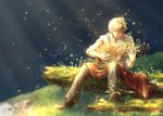  blonde_hair closed_eyes fantasy grass instrument light light_particles light_rays light_smile log long_hair lute_(instrument) male_focus moss music nature original playing_instrument rien_(sonidori) sitting solo 