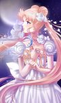  2014 bad_id bad_pixiv_id bishoujo_senshi_sailor_moon blonde_hair blue_eyes collarbone dated dress earrings felicia-val flower hair_flower hair_ornament highres holding jewelry long_hair moon princess_serenity signature solo tsukino_usagi twintails white_dress white_flower 