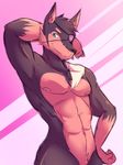  2016 anthro armpits biceps canine doberman dog fur looking_at_viewer male male/male mammal muscular nipples nude repeat_(visual_novel) samuel_clark_(repeat) shirokoi simple_background solo 