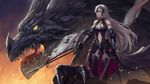  armor blonde_hair boots breasts chain cleavage dragon elbow_gloves fate/grand_order fate_(series) fire gloves jeanne_d&#039;arc_(fate) jeanne_d&#039;arc_alter long_hair navel spear sword tagme_(artist) thighhighs weapon yellow_eyes 