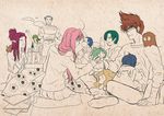  4girls alien animal baby blue_hair brown_hair emilia_jenius gamlin_kizaki green_hair grey_hair guvava kotatsu kutsuno long_hair macross macross_7 macross_delta macross_frontier maximilian_jenius meltrandi millia_jenius mirage_farina_jenius multiple_boys multiple_girls mylene_jenius nekki_basara pink_hair ranka_lee sheryl_nome stew table 