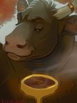  2014 anthro beverage bovine brown_fur brown_theme buck_(evane) bust_portrait cattle coffee cup digital_media_(artwork) evane eyebrows front_view fur half-closed_eyes hi_res horn horn_ring kleinebar looking_at_viewer male mammal portrait signature smile solo 