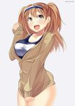  adapted_costume bad_id bad_pixiv_id breasts cardigan grey_background hairband i-26_(kantai_collection) kankitsunabe_(citrus) kantai_collection large_breasts light_brown_eyes light_brown_hair long_hair long_sleeves new_school_swimsuit one-piece_swimsuit open_mouth school_swimsuit smile solo swimsuit swimsuit_under_clothes twitter_username two-tone_hairband two_side_up 