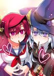  blue_eyes blue_hair blush breasts food hat heart highres horns ishida_akira large_breasts long_hair looking_at_viewer maou_(maoyuu) maoyuu_maou_yuusha multiple_girls onna_mahoutsukai_(maoyuu) pocky pocky_kiss purple_eyes red_eyes red_hair school_uniform shared_food smile take_your_pick witch_hat 