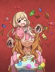  :3 blonde_hair bow bowtie brown_hair candy food futaba_anzu gazacy_(dai) hair_ornament hairclip highres idolmaster idolmaster_cinderella_girls jelly_bean jewelry lollipop long_hair long_sleeves looking_at_viewer moroboshi_kirari multiple_girls necklace red_background shatter star star_in_eye stuffed_animal stuffed_toy surreal symbol_in_eye wavy_hair wavy_mouth wrapped_candy yawning 