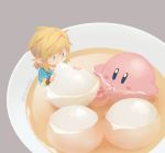  1boy 1other blonde_hair chibi earrings eating food gloves jewelry kirby kirby_(series) link long_hair natsuyon nintendo open_mouth pointy_ears simple_background smile soup super_smash_bros. super_smash_bros._ultimate the_legend_of_zelda the_legend_of_zelda:_breath_of_the_wild 