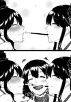  3girls bifidus blush blush_stickers closed_eyes comic commentary_request detached_sleeves food fusou_(kantai_collection) greyscale hair_ornament interrupted ise_(kantai_collection) kantai_collection licking long_hair monochrome multiple_girls nontraditional_miko open_mouth pocky pocky_kiss profile shared_food short_hair sidelocks smile tongue tongue_out translated trembling yamashiro_(kantai_collection) yuri 