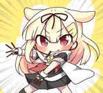  :&gt; blonde_hair blush chibi commentary_request cowboy_shot emphasis_lines fang fingerless_gloves food gloves hair_flaps hair_ornament hairclip jako_(jakoo21) kantai_collection long_hair pocky pocky_day pose red_eyes remodel_(kantai_collection) scarf solo two-tone_background v-shaped_eyebrows white_background yellow_background yuudachi_(kantai_collection) 