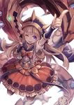 :p arm_up belt blonde_hair boots bow cagliostro_(granblue_fantasy) commentary_request dragon dress glowing glowing_eyes granblue_fantasy halloween long_hair one_eye_closed pink_dress purple_eyes sleepwear smile solo tomoyohi tongue tongue_out white_background 