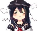  &gt;_&lt; akatsuki_(kantai_collection) anchor_symbol black_hair blush closed_eyes commentary_request eyebrows eyebrows_visible_through_hair flat_cap hat kantai_collection long_hair long_sleeves neckerchief pout red_neckwear school_uniform serafuku sleeves_past_wrists solo sulking tosura-ayato translation_request 